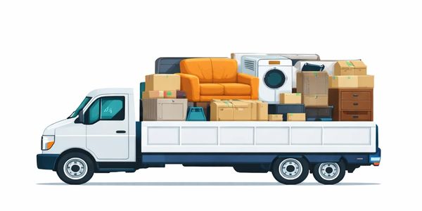 A white pickup truck loaded with furniture and boxes for moving.
