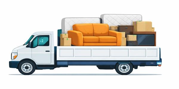 A white pickup truck loaded with furniture and boxes for moving.