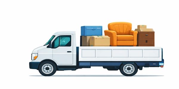 A white pickup truck loaded with furniture and boxes for moving.