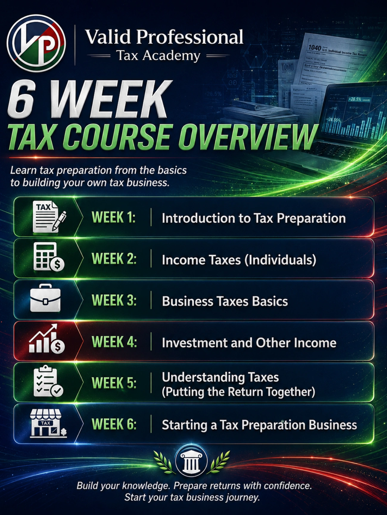 6-week tax course overview by Valid Professional Tax Academy covering basics to starting a tax business.