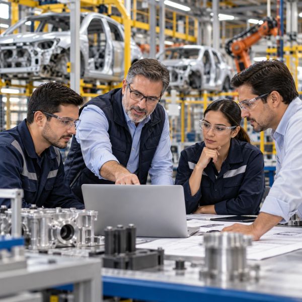 Equipo de ingenieros comprobando diseño en laptop en fábrica.