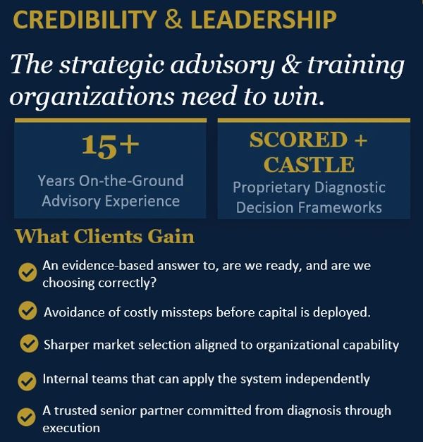 Credibility and leadership with 15+ years advisory experience and proprietary decision frameworks.