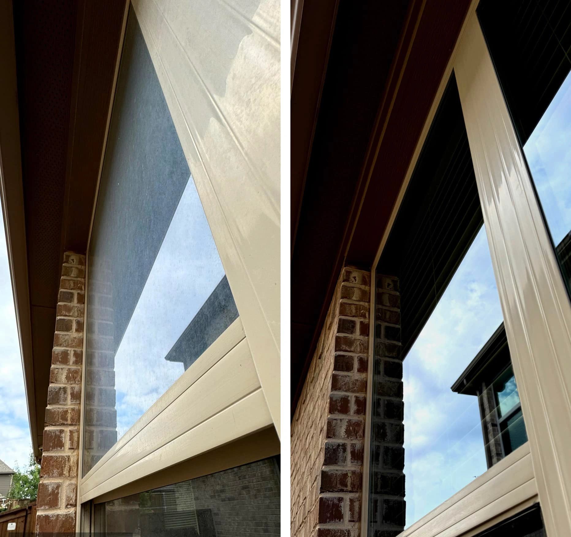 Side-by-side comparison of a dirty window and a clean window reflecting a house and sky.