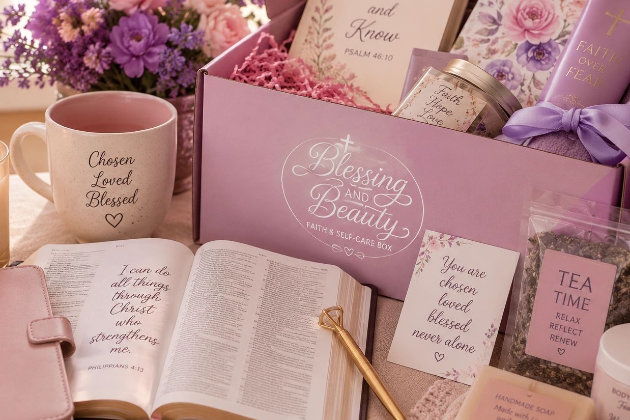 A faith and self-care box with inspirational items and a Bible.
