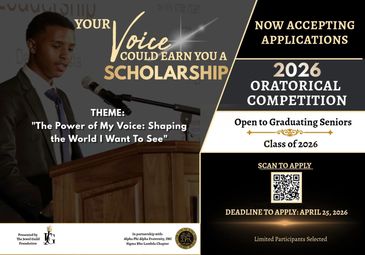 2026 oratorial competition offering scholarships to graduating seniors, theme focused on personal voice and world vision.
