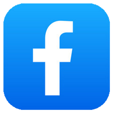 Facebook logo on a blue rounded square background.