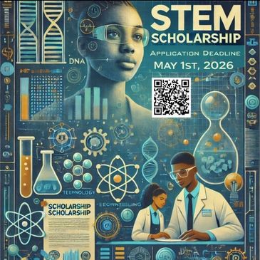 STEM scholarship application deadline is May 1st, 2026, with science-themed visuals and QR code.