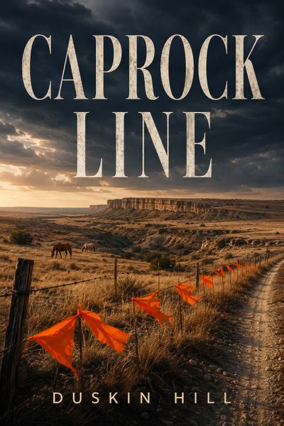 Rustic landscape with orange flags and dramatic sky, titled 'Caprock Line'.