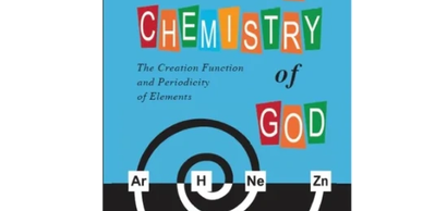 Book cover titled "Chemistry of God" with element symbols.