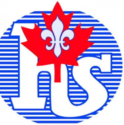 Logo combining red maple leaf with fleur-de-lis on stylized HS letters.