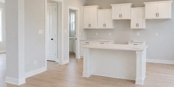 Bright empty kitchen with white cabinets and light wood flooring.