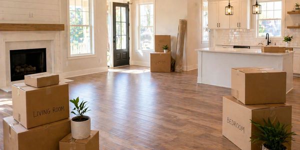 Bright, empty room with packed moving boxes labeled by room.