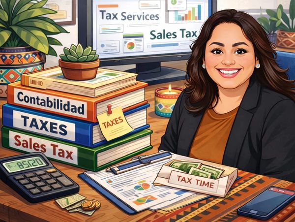 A smiling woman at a desk with tax books, money, and a calculator.