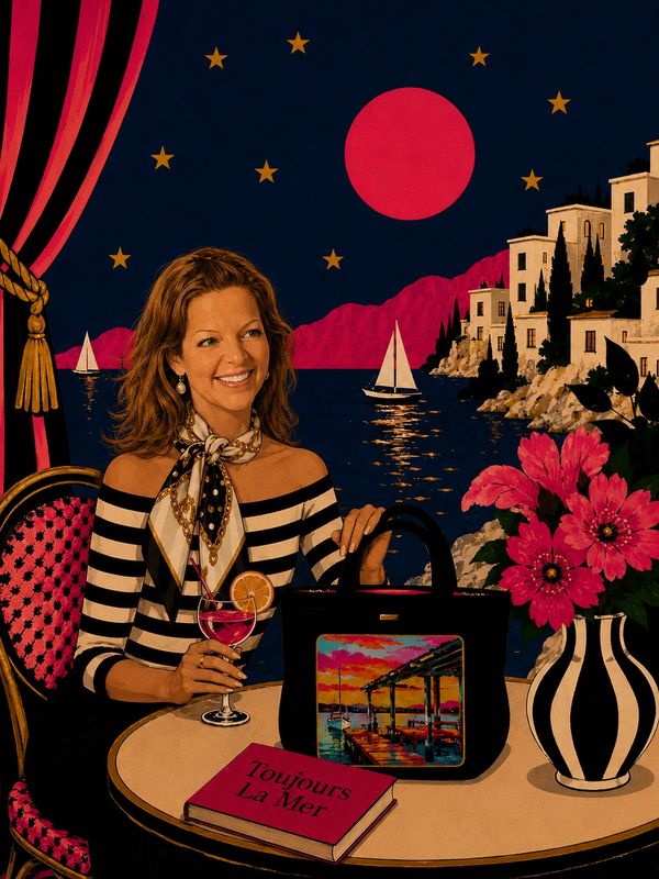 Woman enjoys a cocktail by the seaside under a red moon and starry sky.