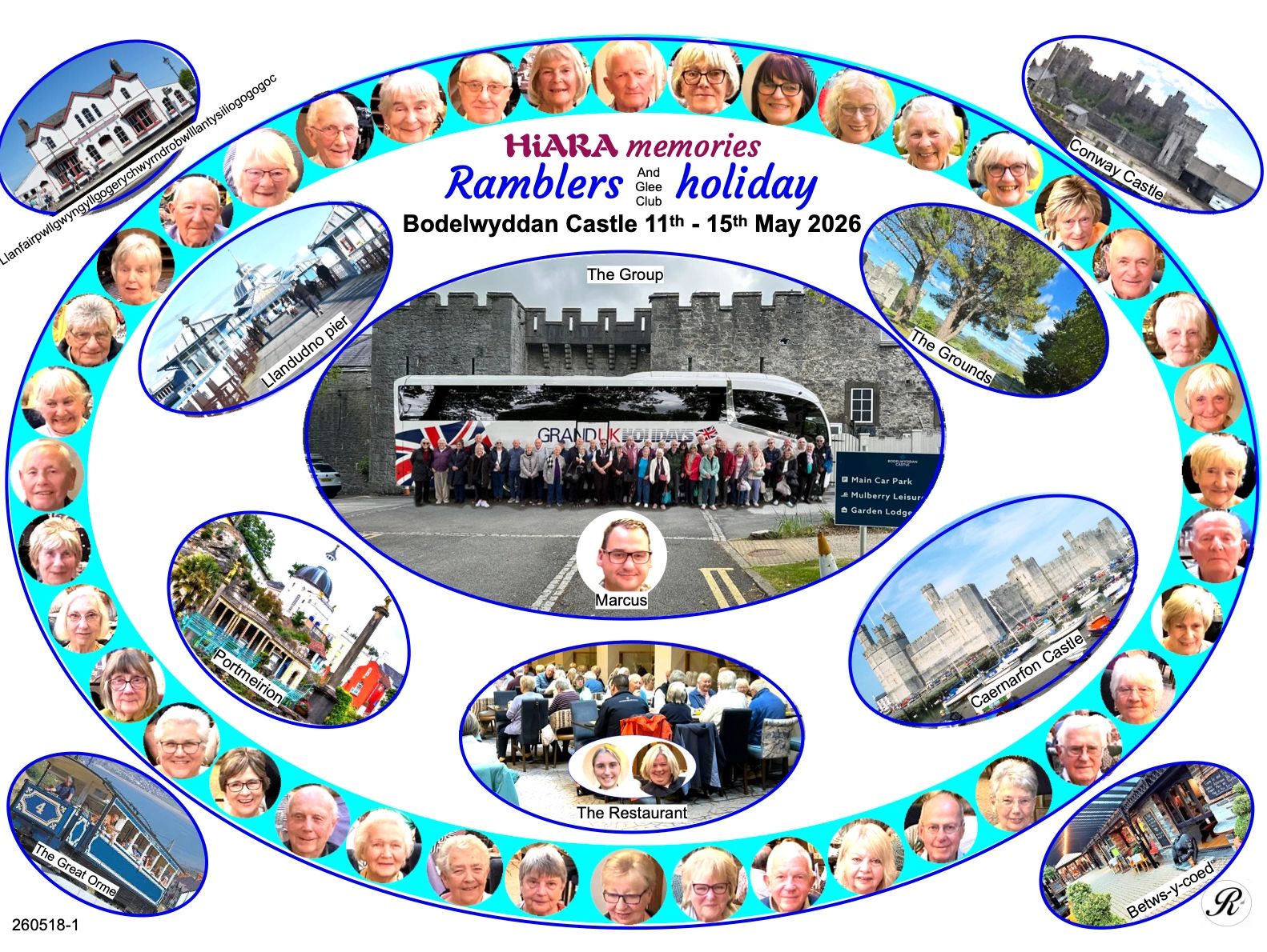 Collage of HIARA Ramblers holiday at Bodelwyddan Castle, May 2026, with group photos and local landmarks.