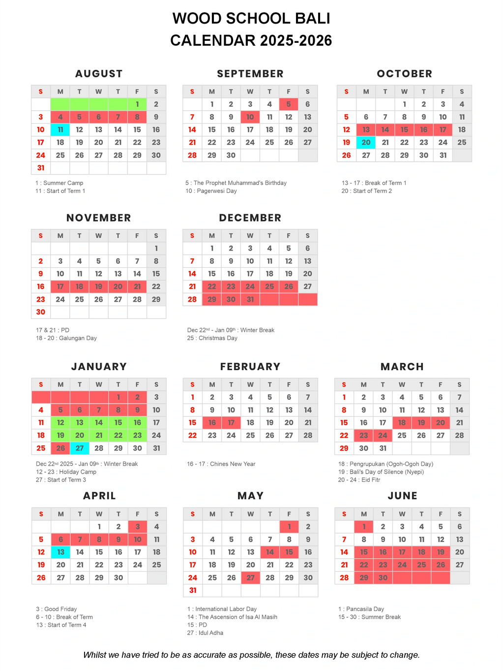 Calendar Wood School Bali 2025-2026
Camp Dates 2025-2026
Bali Camps
Term Breaks