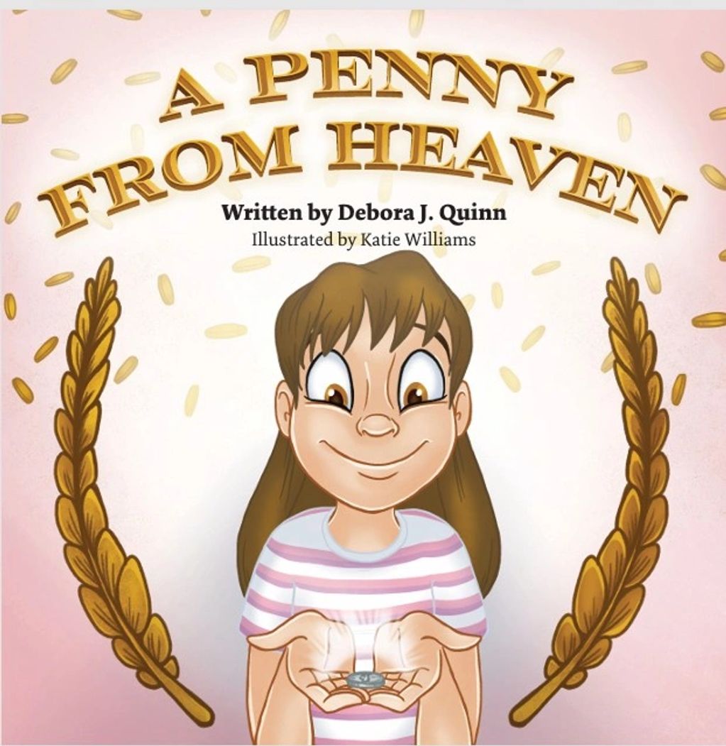 Book cover of 'A Penny From Heaven' with a smiling girl holding a glowing penny.