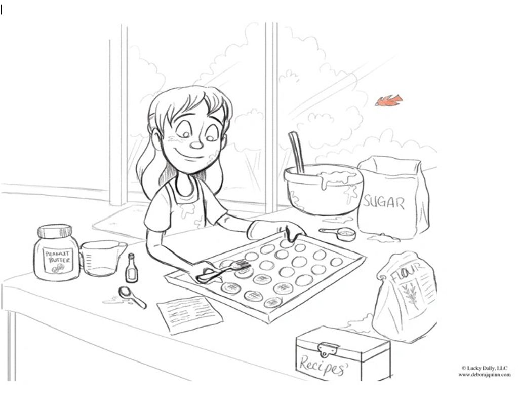 Girl baking cookies with ingredients on the table.