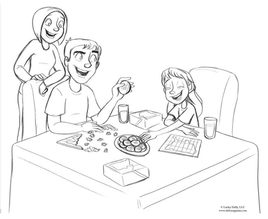 Family enjoying snacks and games at the table.