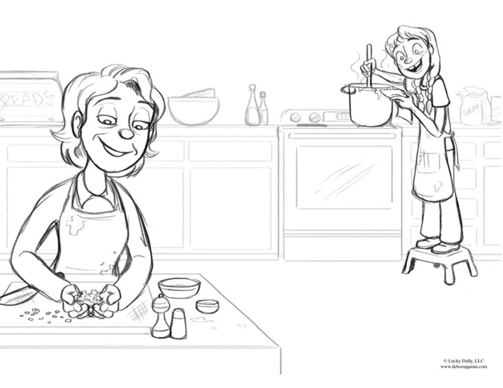 Two women cooking happily in a kitchen.