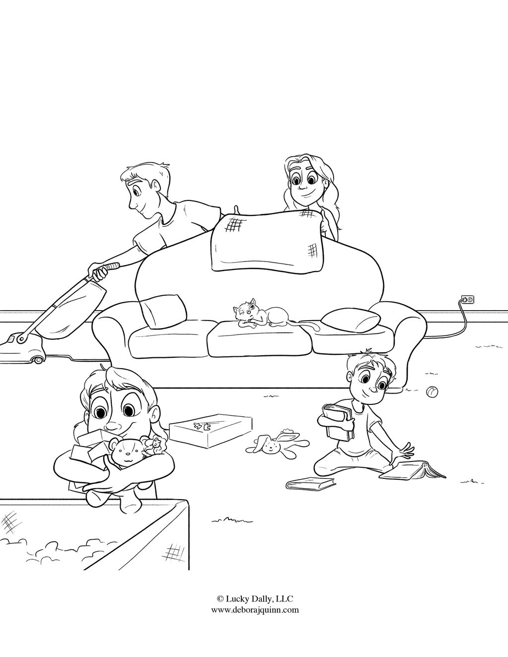 A family cleans and organizes the living room together, with a cat resting on the couch.