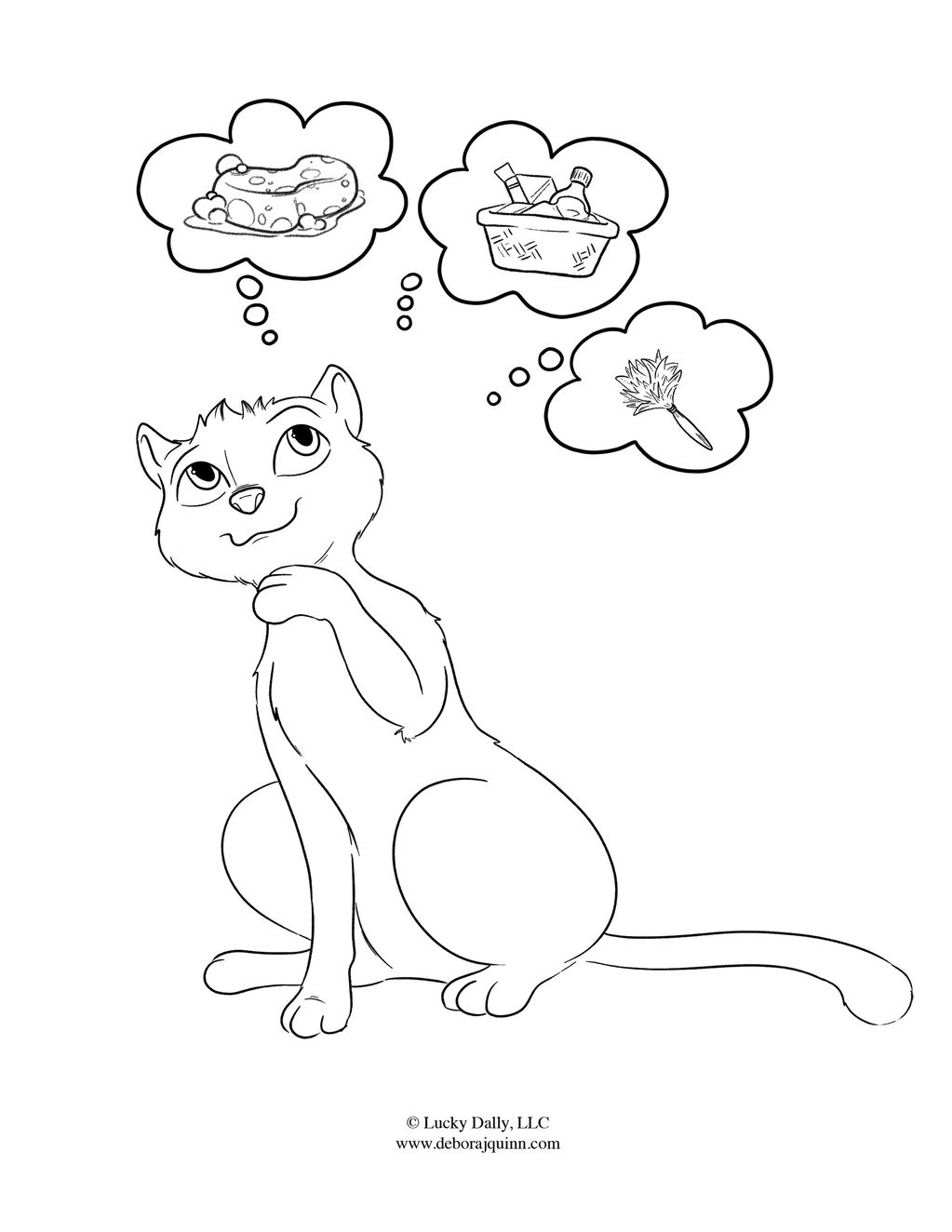 Cat thinking about cleaning items and a sponge.