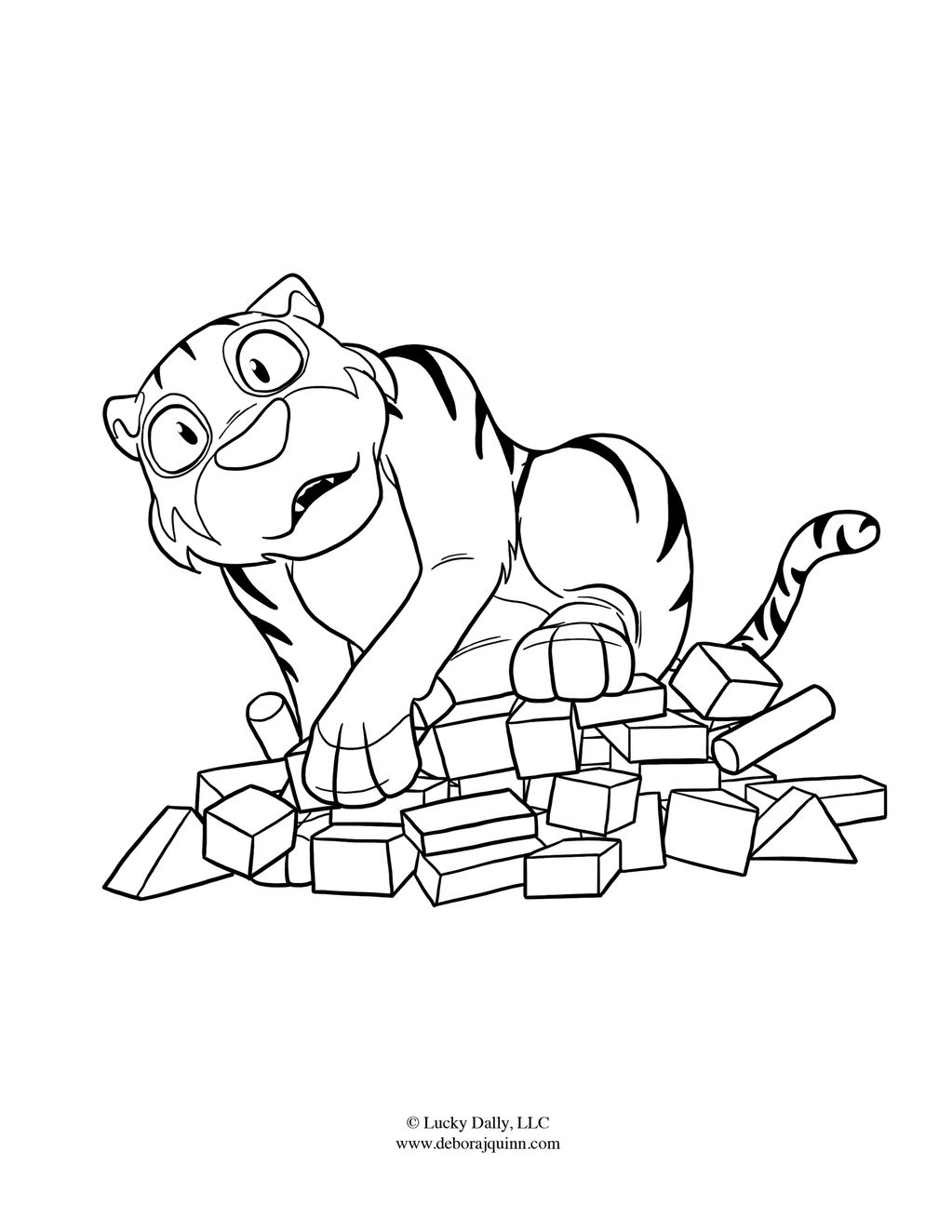 A surprised cartoon tiger playing with building blocks.
