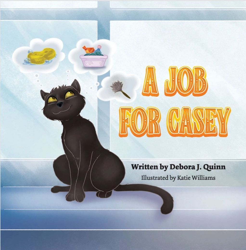 A black cat imagines cleaning tools on the cover of 'A Job for Casey'.