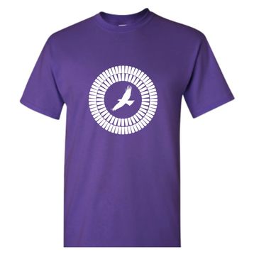 Purple t-shirt with a white circular bird design.