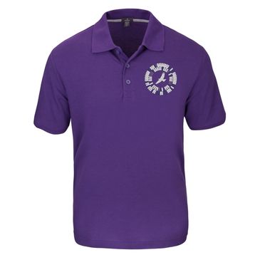 Purple polo shirt with logo on chest.
