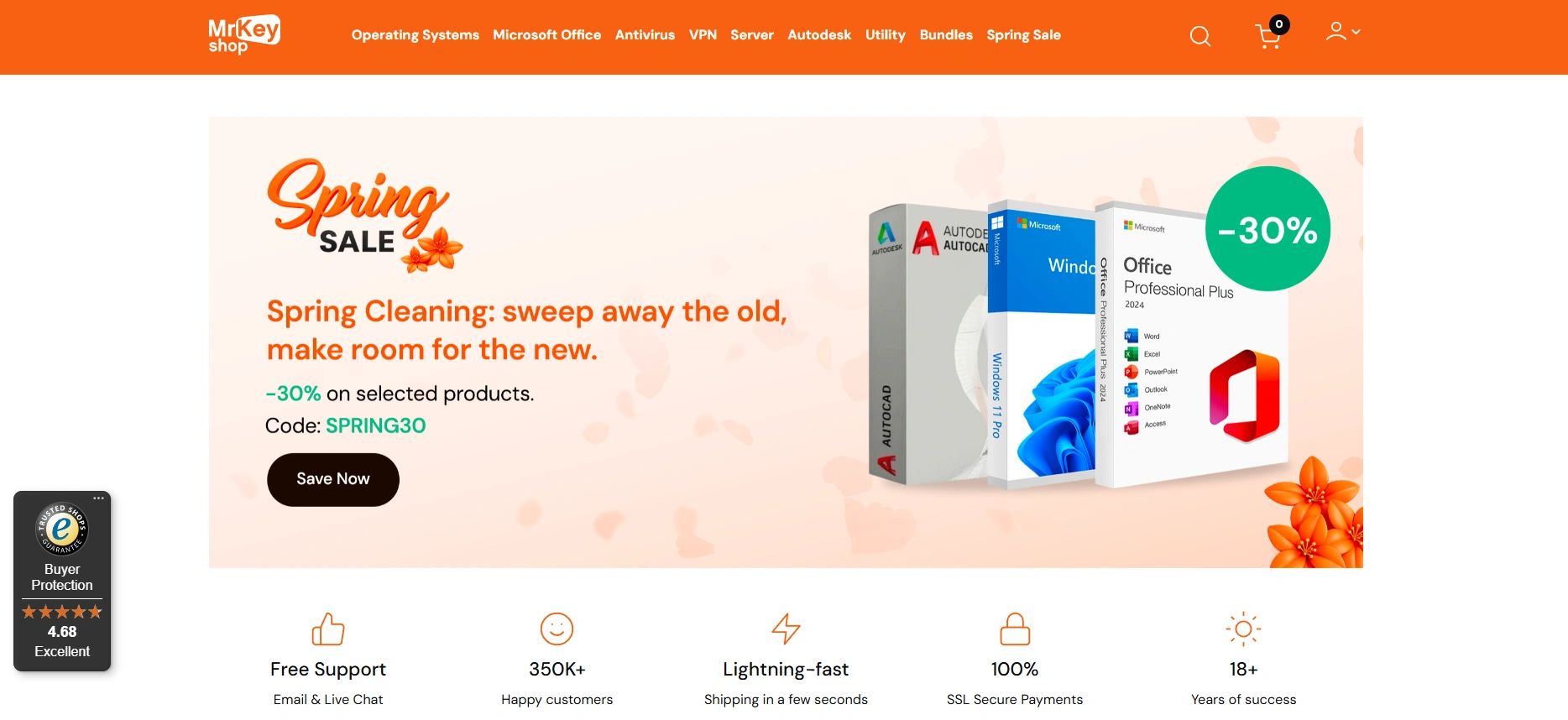 Spring Sale with 30% off on software products like Windows and Office at MrKey Shop.