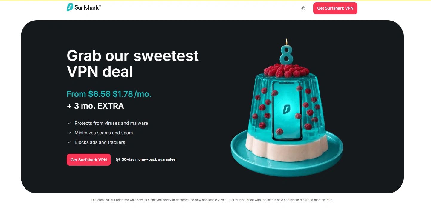 Surfshark VPN offer with a special 8th anniversary jelly cake design and discounted price.