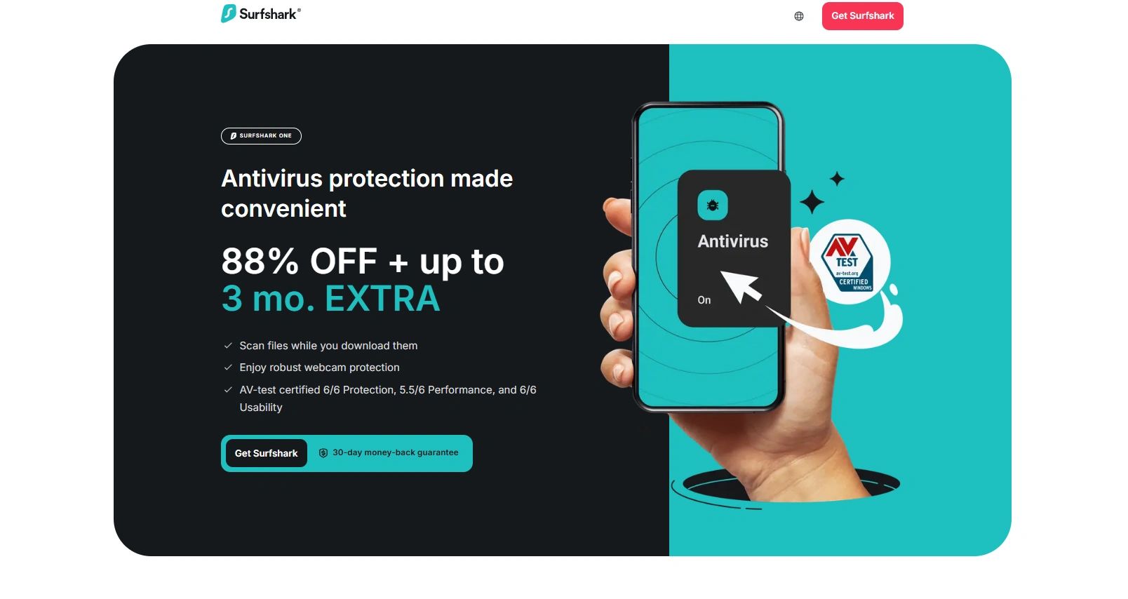 Surfshark antivirus promotion offering 88% off and 3 extra months.