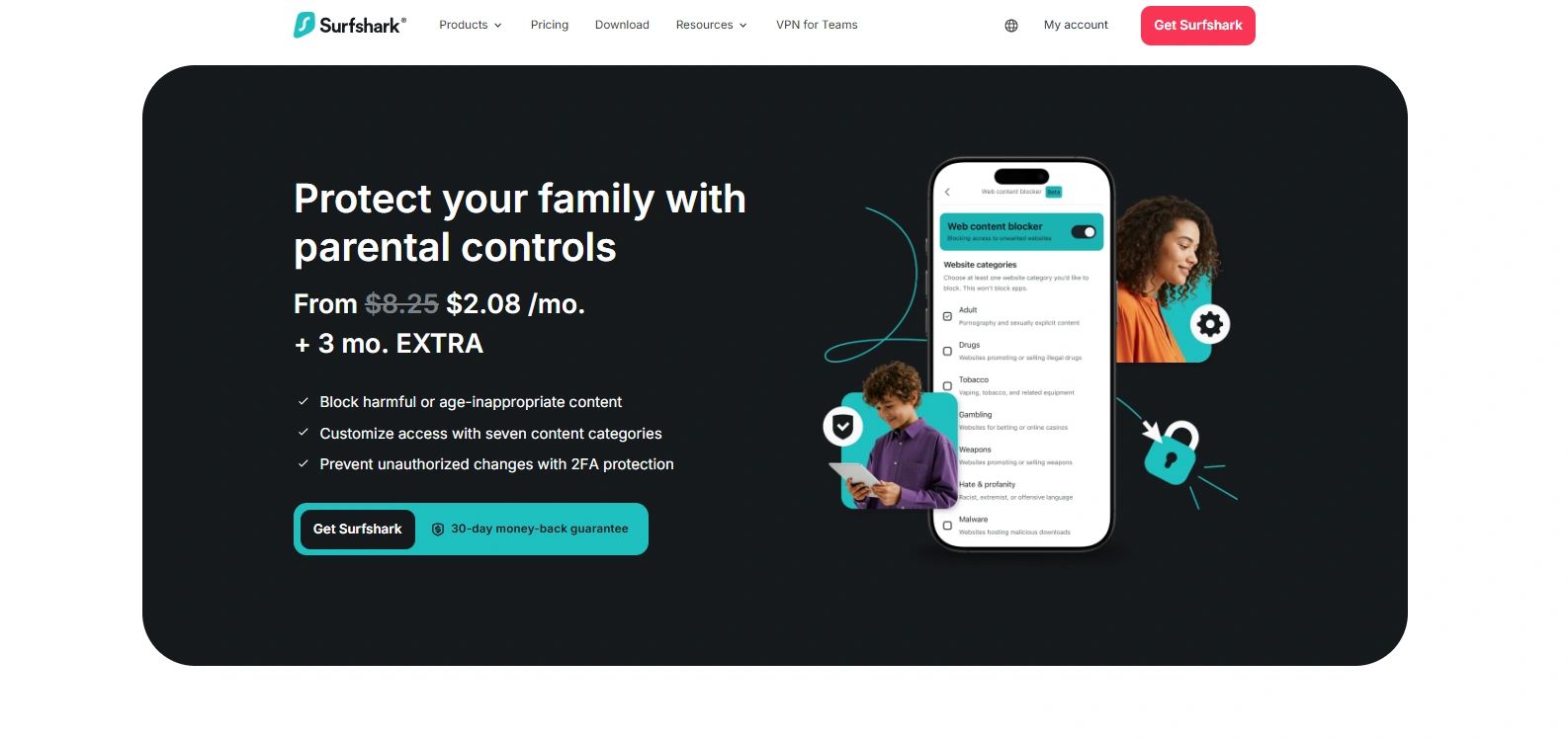 Surfshark offers parental controls to protect families with content blocking and 2FA protection.