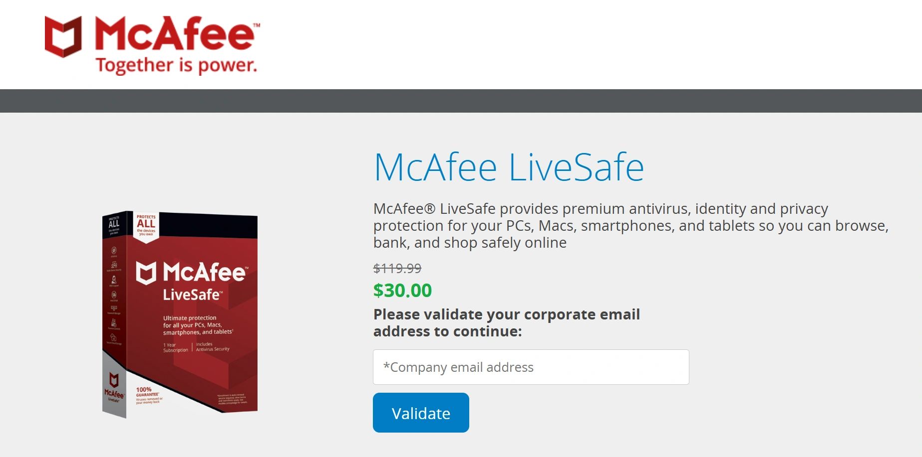McAfee LiveSafe antivirus software with discounted price and email validation.