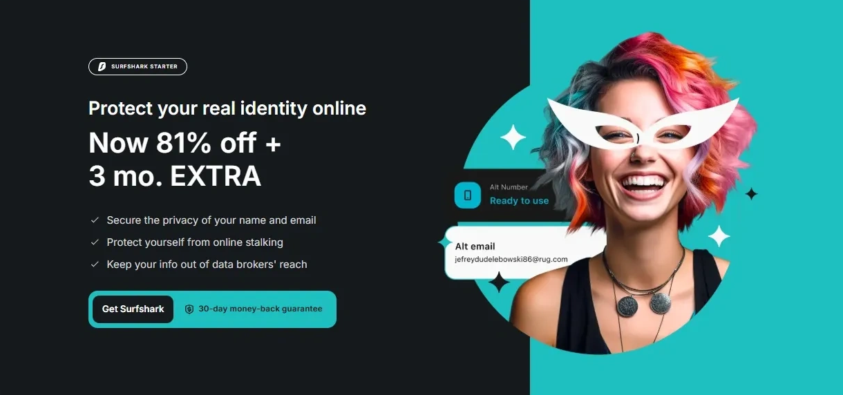 Advertisement for Surfshark VPN offering 81% off plus 3 months free to protect online identity.