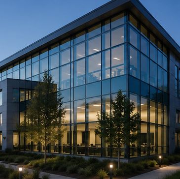 Modern glass office building illuminated at dusk with trees outside.