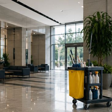 Janitorial cart with cleaning supplies in a modern office lobby.