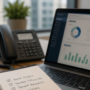 Workspace with a laptop showing charts and a checklist on a notepad.