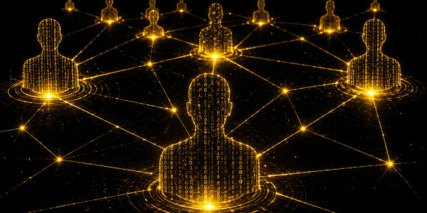 Conexiones digitales entre figuras humanas doradas.