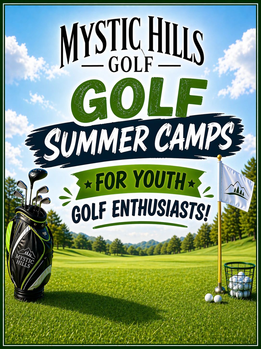 Mystic Hills Golf Summer Camps for youth golf enthusiasts on a sunny golf course.