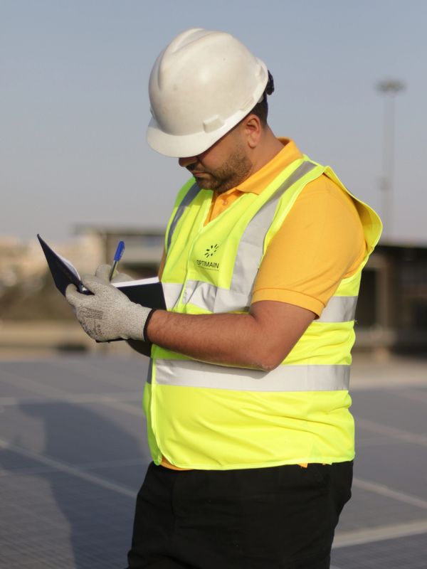 an engineer wearing a helmet and a vest beside a pv system and writing on a notebook