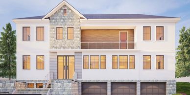 Modern large house with stone and white exterior.