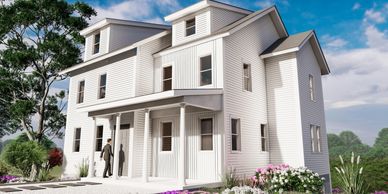 Modern white two-story house with porch and dormer windows.