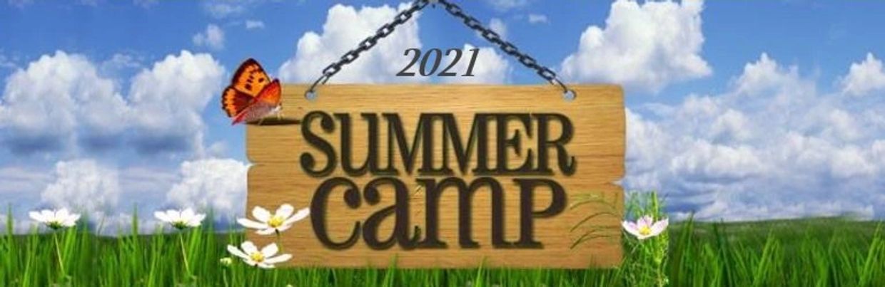 2021 Summer Camp wooden sign with butterfly and flowers in a grassy field.