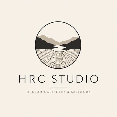 Logo for HRC Studio featuring a stylized wood cross-section and mountain landscape.
