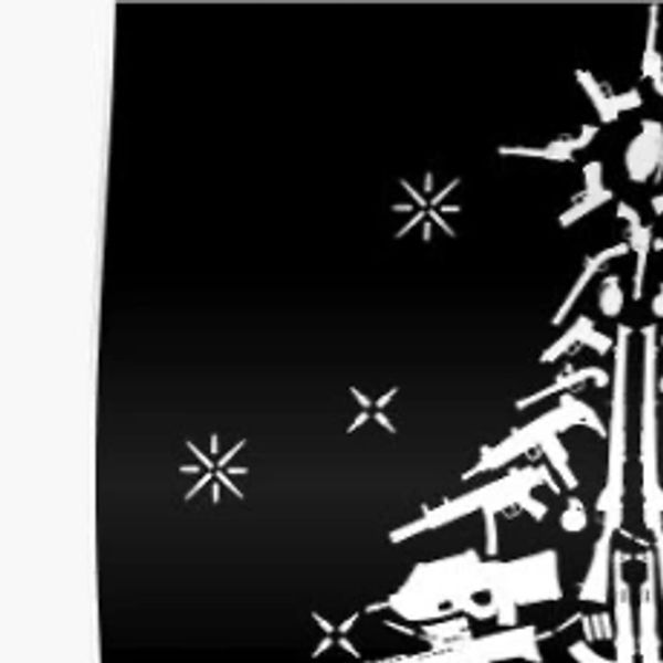 Black and white graphic of guns forming a pattern against a dark background with star shapes.