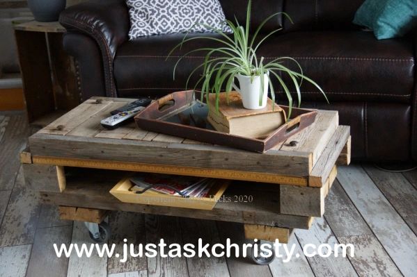 Custom built coffee table in a rustic industrial design.