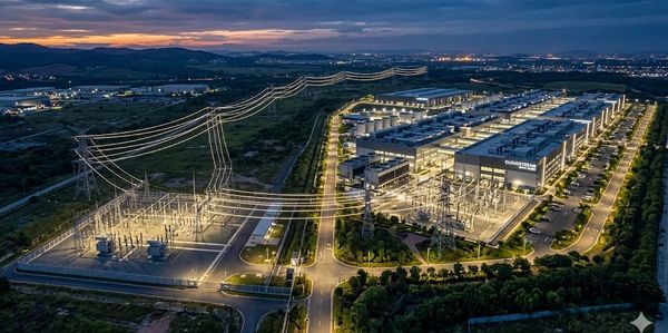 Aerial view of a well-lit industrial complex and power substation at dusk.
