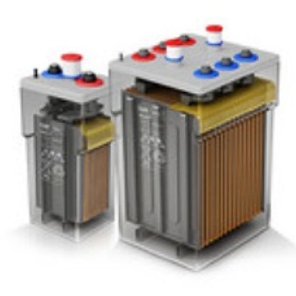Two industrial batteries with red and blue terminals.
